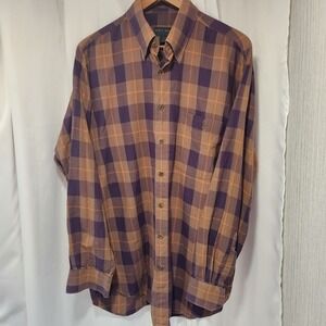 Scott Barber Large Men's Orange Blue‎ Plaid 100% Cotton Long Sleeve Button Down